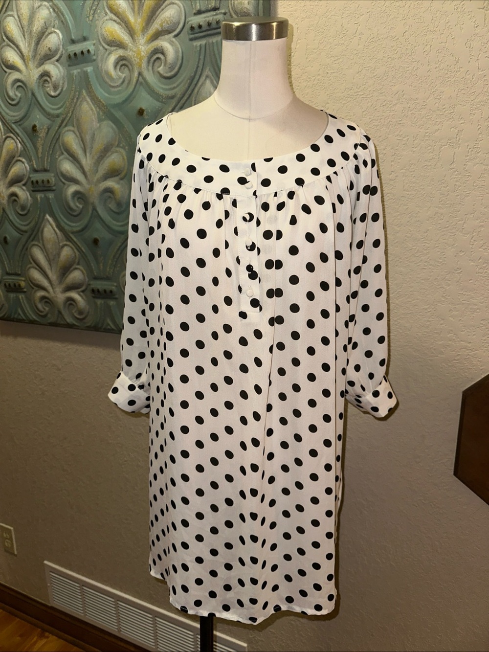 Depri Black White Polka Dot Tunic Blouse Women’s Size Small Boho Peasant Top